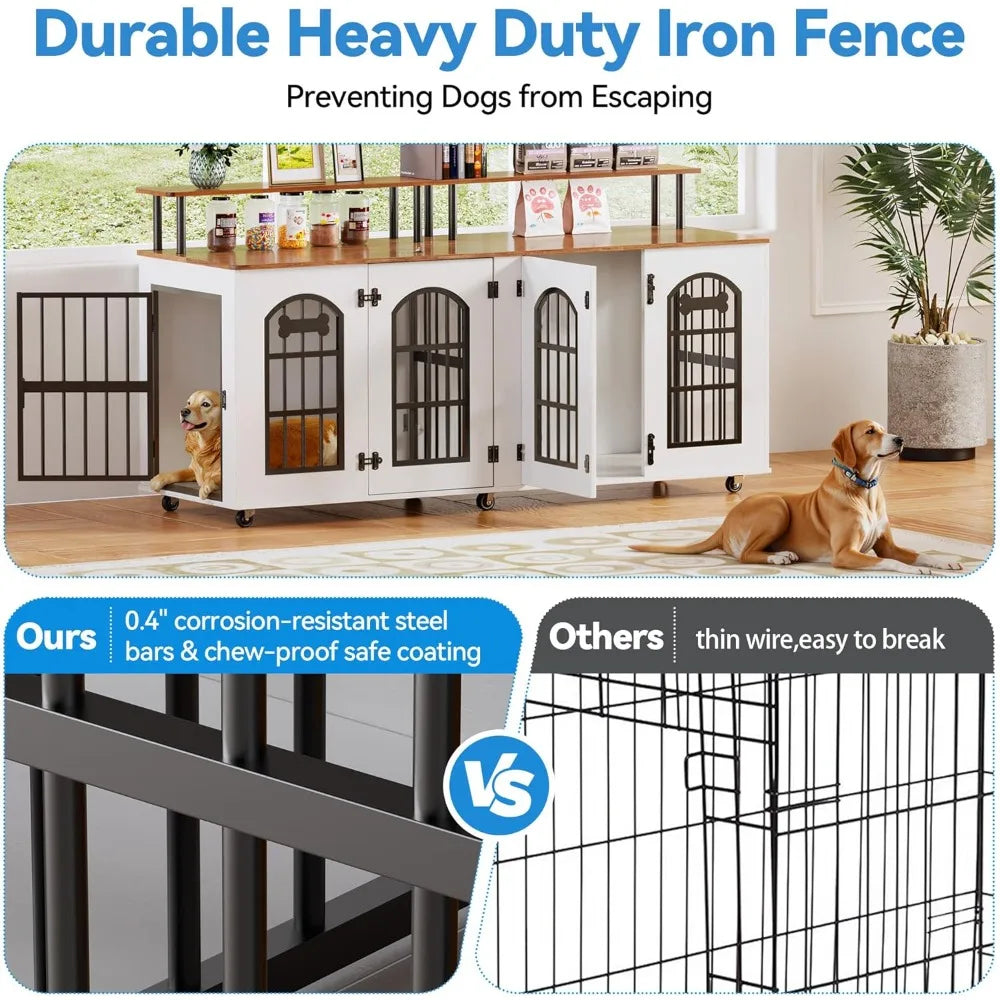 63 Dog Crate Furniture for 2 Dogs, XL Large Indoor Wooden Dog Kennel with Divider, 6 Lockable Wheels & Storage, Heavy Duty