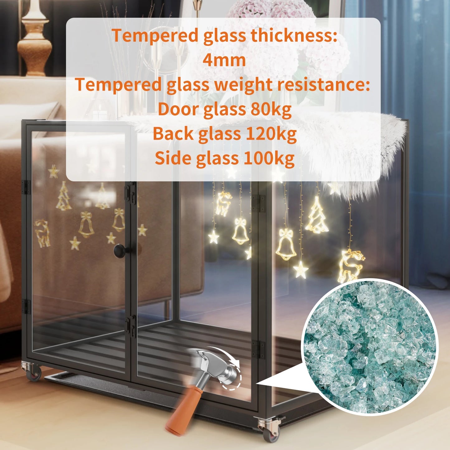 First Tempered Glass Dog Crate with Aluminum Frame Rolling Pet Cage Kennels with 2 Doors and Removable Tray