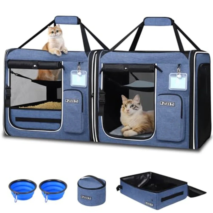 2 in 1 Double Cat Car Travel Carrier with Builtin Litter Box for Multiple Cats 38x17x18 Extra Large Portable Dual Carrier with