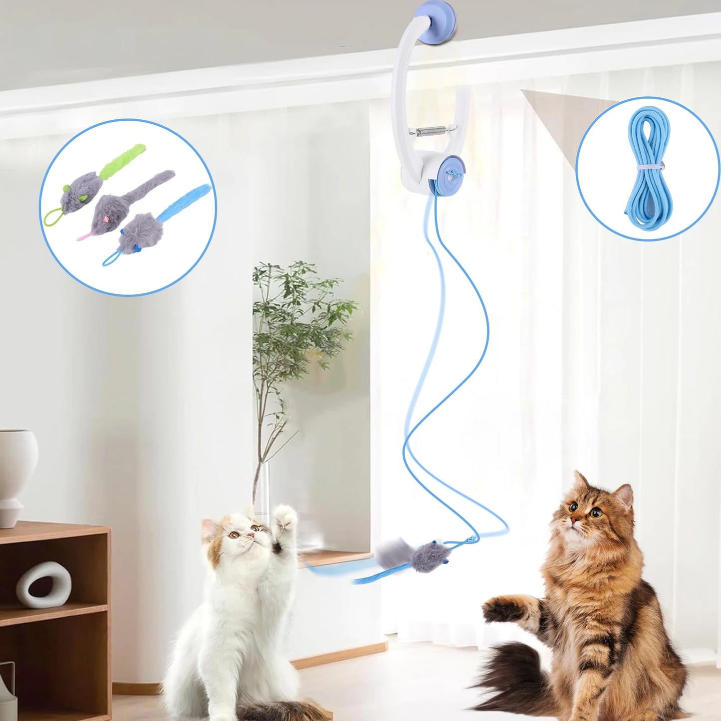 Door Hanging Automatic Retractable Kitten Toys with 3 Catnip Mice Independent Play Hanging Door Cat Toys for Bored Cats