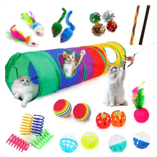 25Piece Cat Toys Kit with Rainbow Tunnel Interactive Cat Toy Bundle for Indoor Cats Kitten Playtime Variety Set Includes Feathe