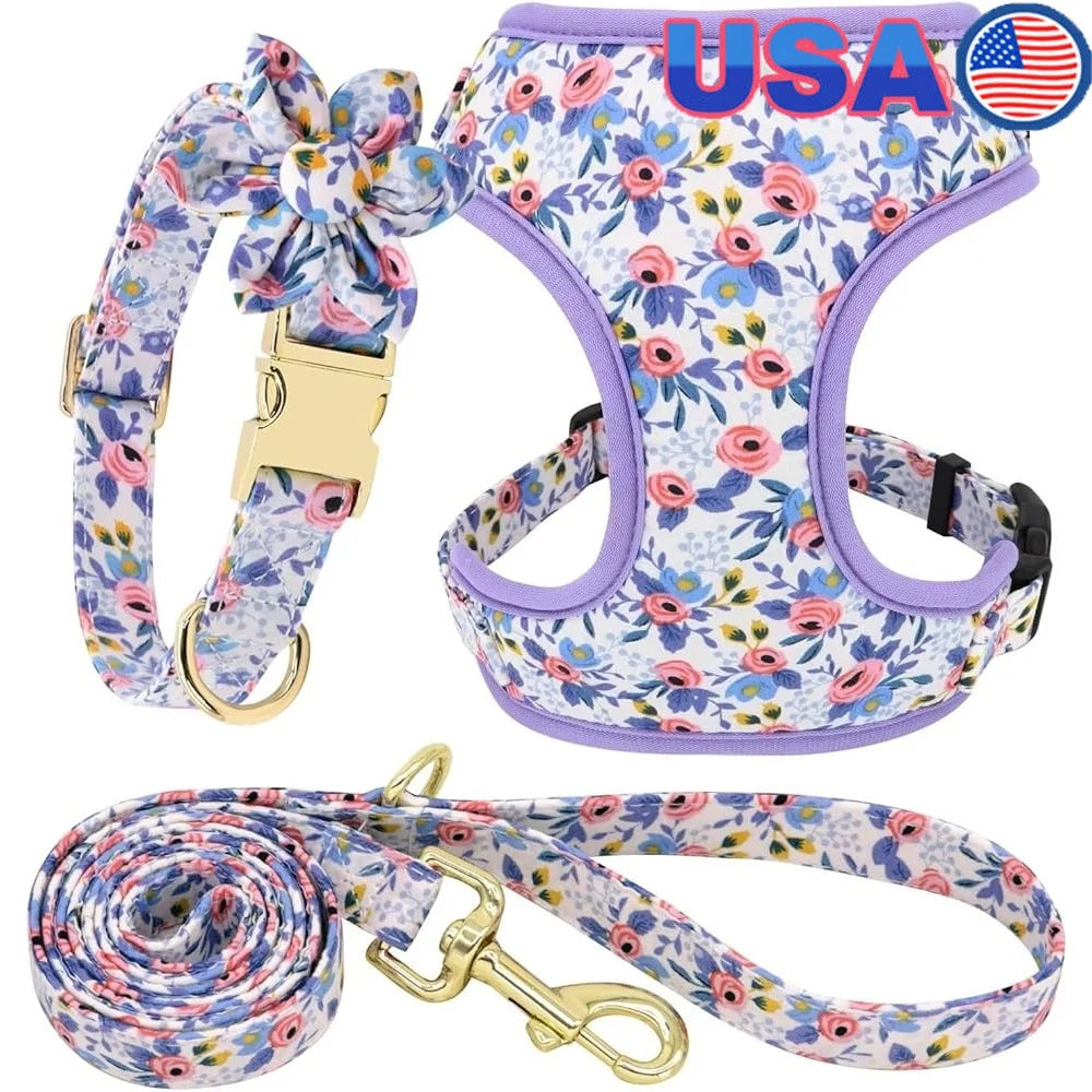 Cute Dog Harness Leash Collar Set Adjustable Floral Soft Mesh Pet Vest Puppies Girls Wedding Party Outdoor Activities