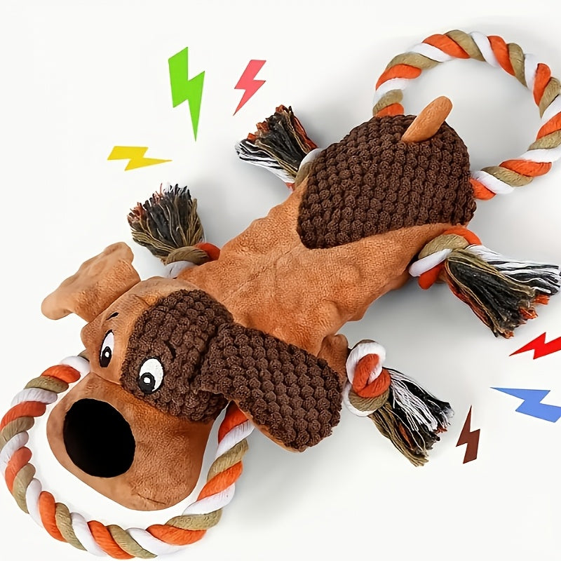 Tough Squeaky Dog Toys for Aggressive Chewers - Interactive Pull Rope with Animal Print, Durable Plush Chew Toys for Small Medium & Large Dogs, No Batteries Needed